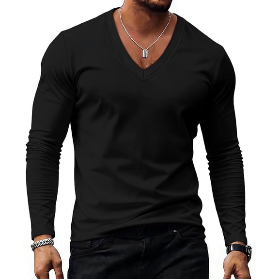 Men's V-Neck Solid Long Sleeve Base Layer, Casual Athletic Sport Top for Workout Fitness and Daily Layering, Black L