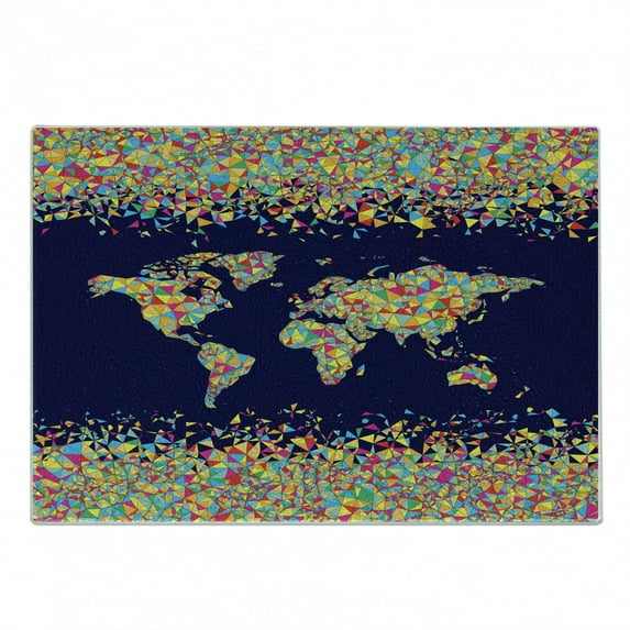 Wanderlust Cutting Board, World Map Organized by Mosaics Print Global Vibrant Colors, Decorative Tempered Glass Cutting and Serving Board, Small Size, Dark Blue Yellow Blue, by Ambesonne