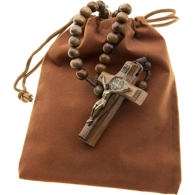 Simple Corded Wood Rosary, Brown 7 mm Beads and Stamped Crucifix - 12
