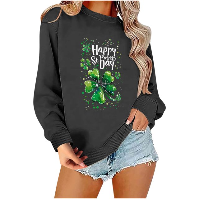 VKOYWKM Chandails de la Saint-Patrick pour Femmes Imprimé Trèfle Irlandais Chanceux Manches Longues Coupe Ample Col Rond Chandail