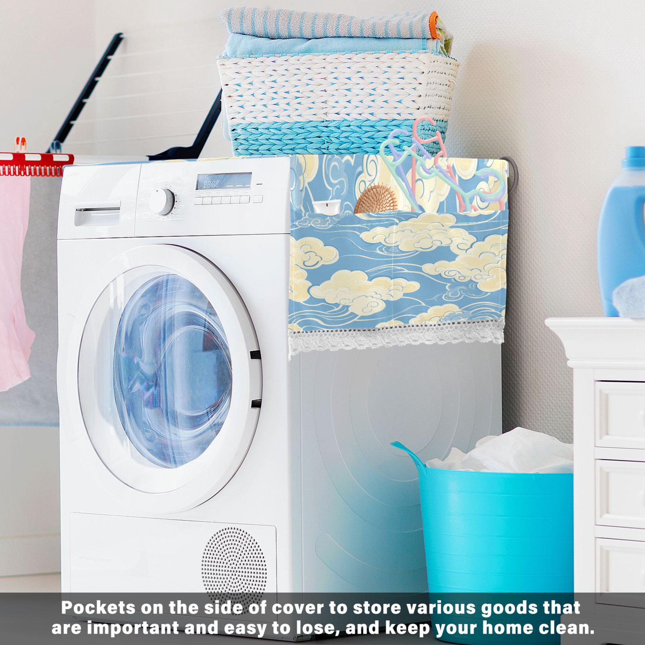WOBOGO White Cloud Pattern on Blue Background Washing Machine Cloth Dryer Refrigerator Top Cover Protective Non-Slip Mat For Kitchen Laundry