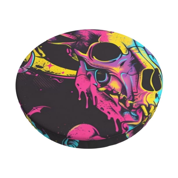 Disketp Neon Gothic Skull Moon Funda Redonda para Taburete, Funda de Cojín para Silla de Bar Suave y Elástica-12 inch
