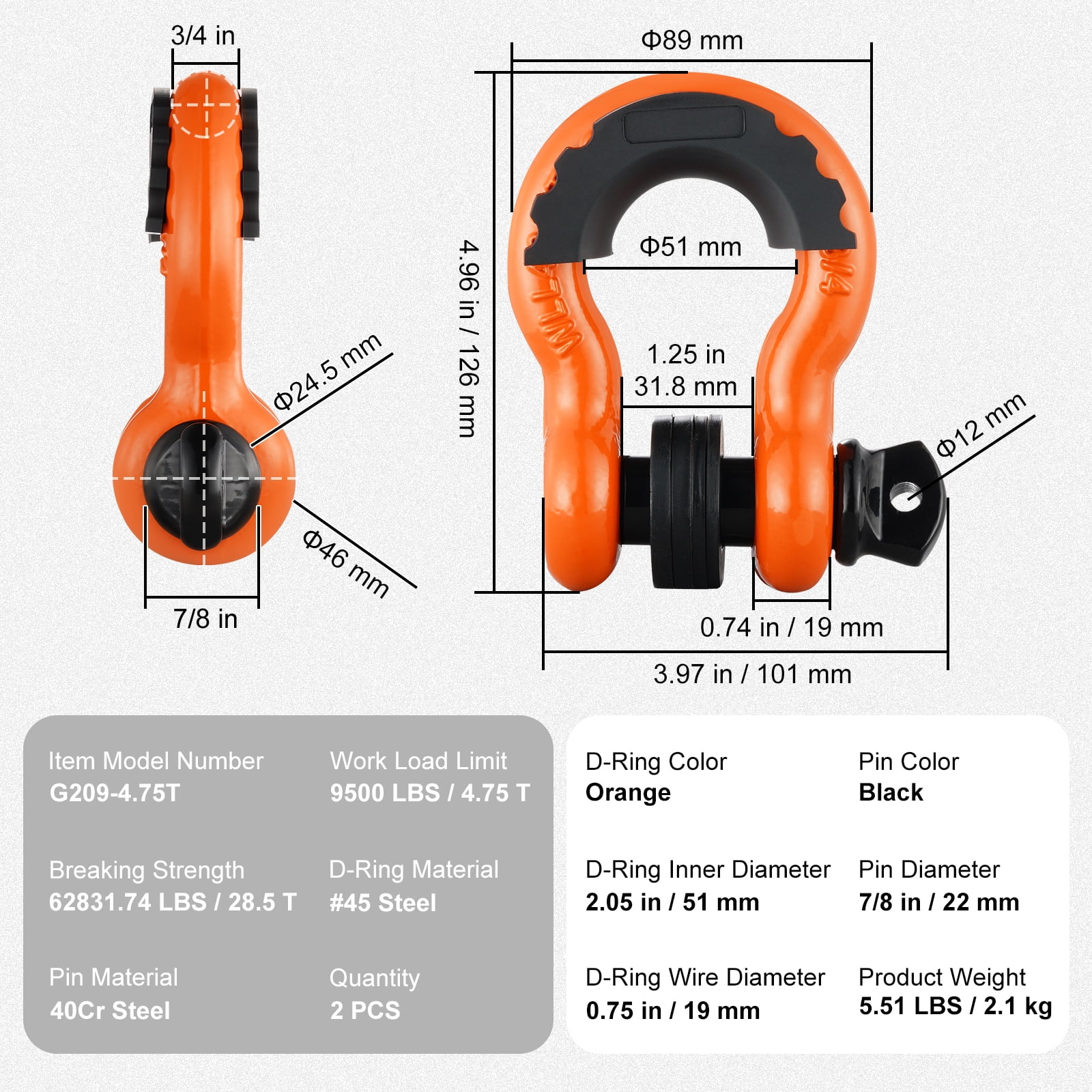 VEVOR 3/4" D-Ring Shackle, 2 Pack Alloy Steel Shackles 62832 lbs (28.5 Ton) Break Strength with 7/8" Screw Pin,Isolators & Washers, Heavy Duty Off Road Vehicle Recovery Shackle for Jeep Truck,Orange