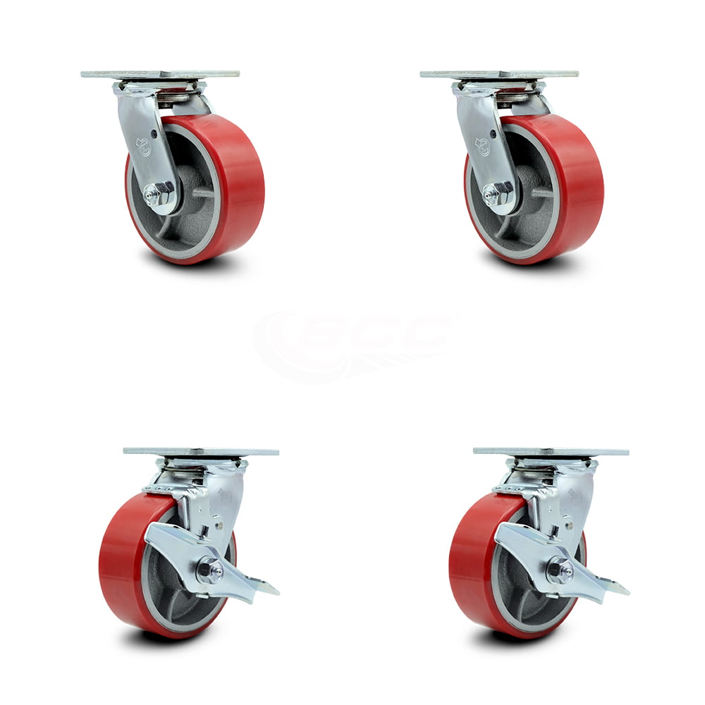 Poly Swvl Bolt Hole Caster Set 4 w/3" Red Wheels-2 w/Brakes-1000 lbs Cpty 