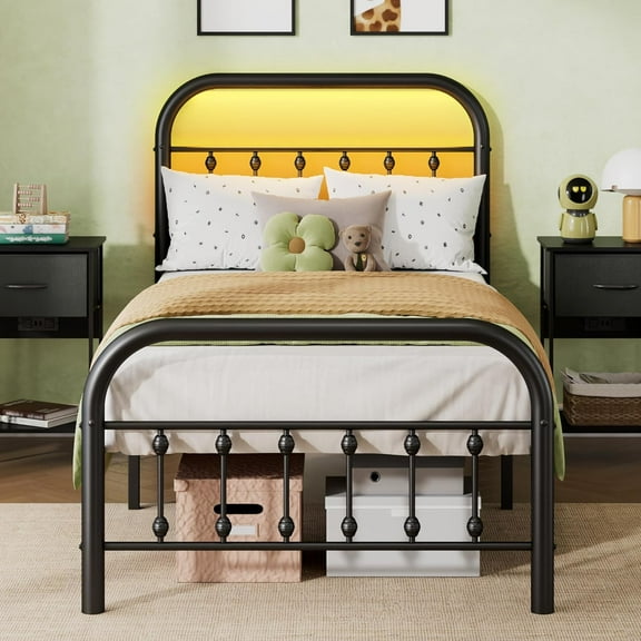 CZMDZHMetal Platform Bed Frame, Twin Bed Frames with Headboard, Bed Frame with LED Lights and Charging Station, Under Bed Storage, No Box Spring Needed, Noise Free, Black