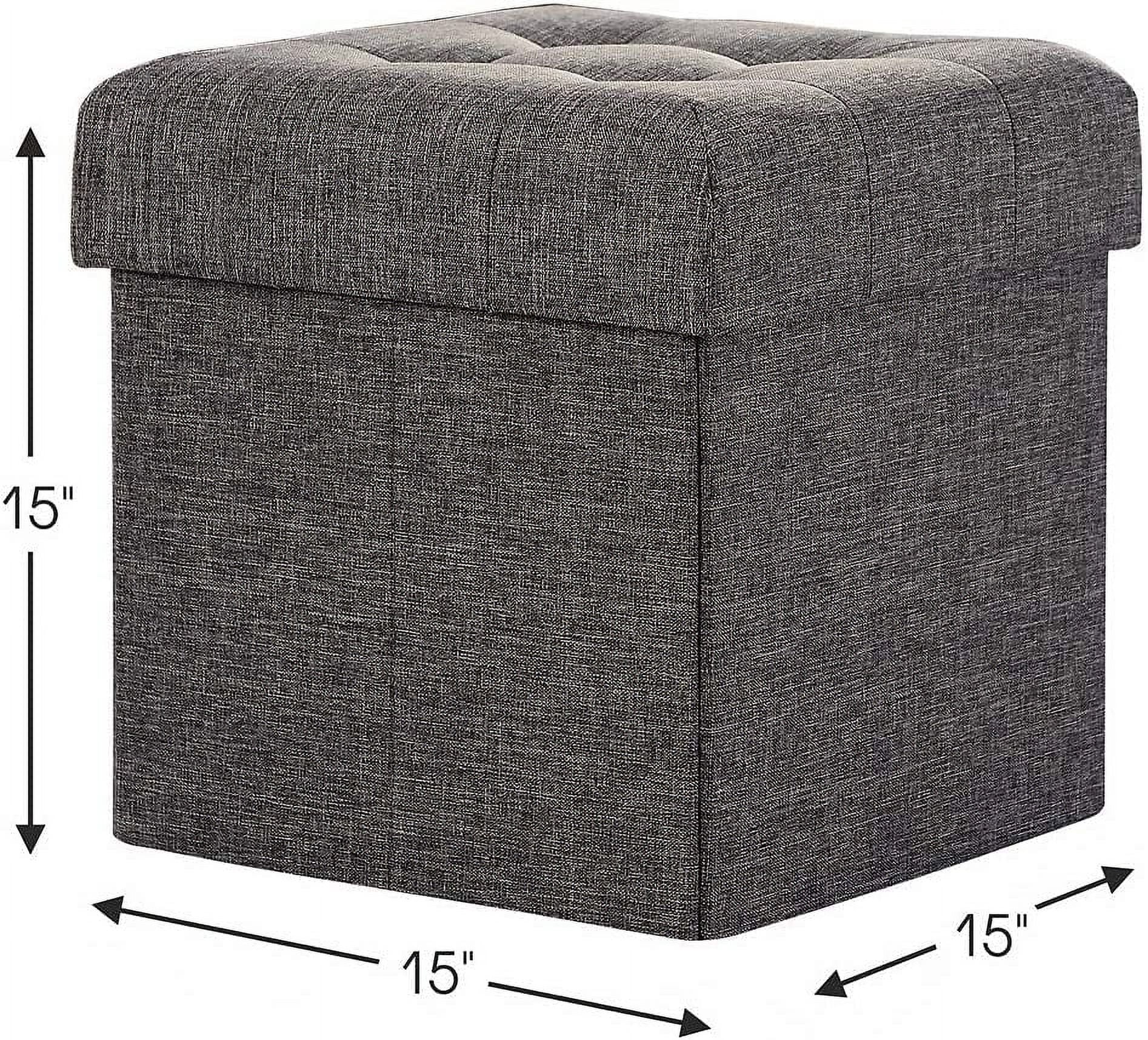 Ornavo Home Foldable Tufted Linen Storage Ottoman Cube Foot Rest Stool Seat - 15" x 15" (Charcoal Gray)