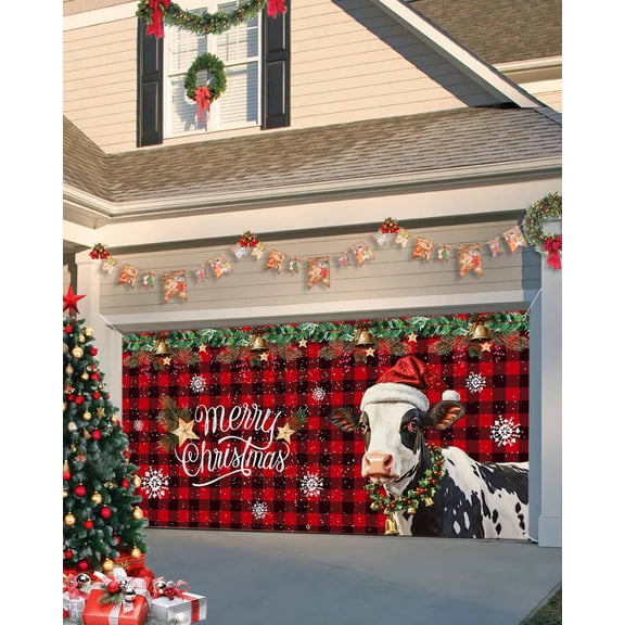Garage Door Banner Cover 7 x 16 ft, Merry Christmas Rustic Christmas Hat Cow Buffalo Plaid Texture Christmas Garage Door Decorations Holiday Christmas Backdrop Decor for Winter New Year Xmas Party