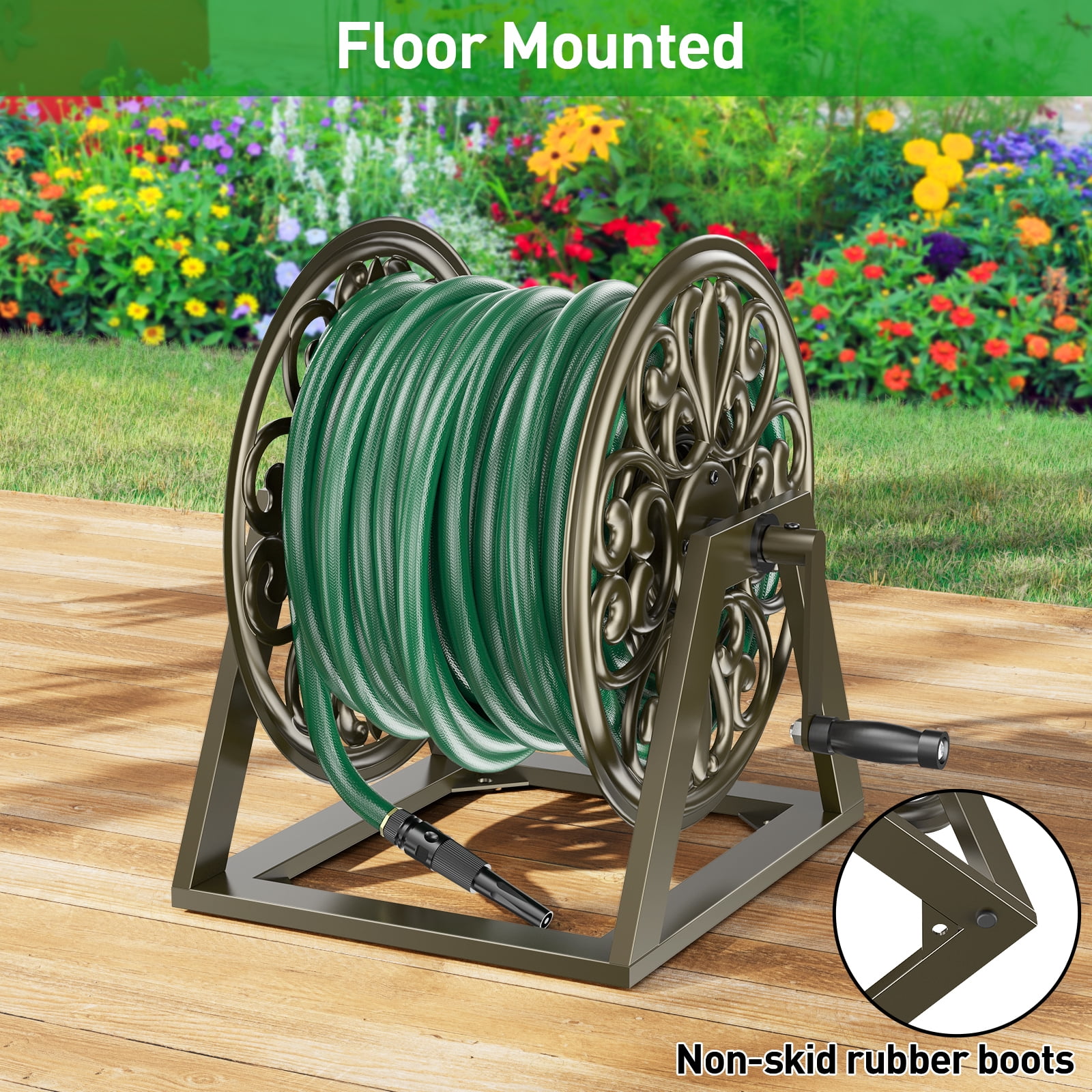 Outlandpro Garden Wall/Floor Mount Hose Reel, Decorative Hose Reel Holds 200-Feet of 5/8-Inch Hose