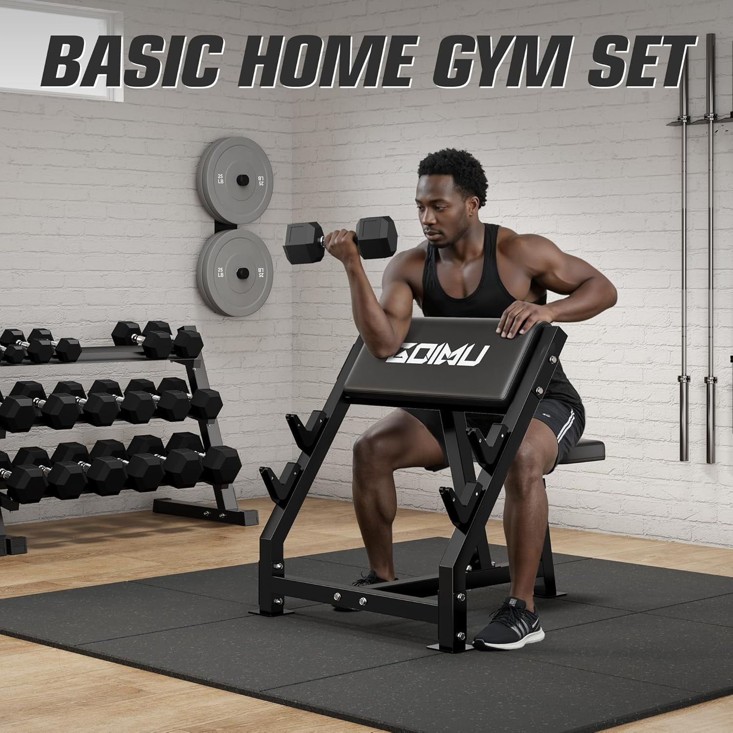 Goimu Preacher Curl Bench, Seated Arm Isolated Barbell Dumbbell Bicep Station, Adjustable Bicep Curl Machine with 3 Bar Holders,Dumbbell Holder for Home Gym