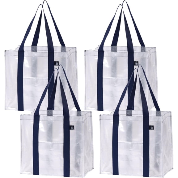 4 Pack Grocery Bags, Heavy-Duty Shopping Bags with Handles, Bags for Shopping Cart with Hard Bottom to Stand Upright, Foldable, Multi-Purpose(Clear, 4 Pack)
