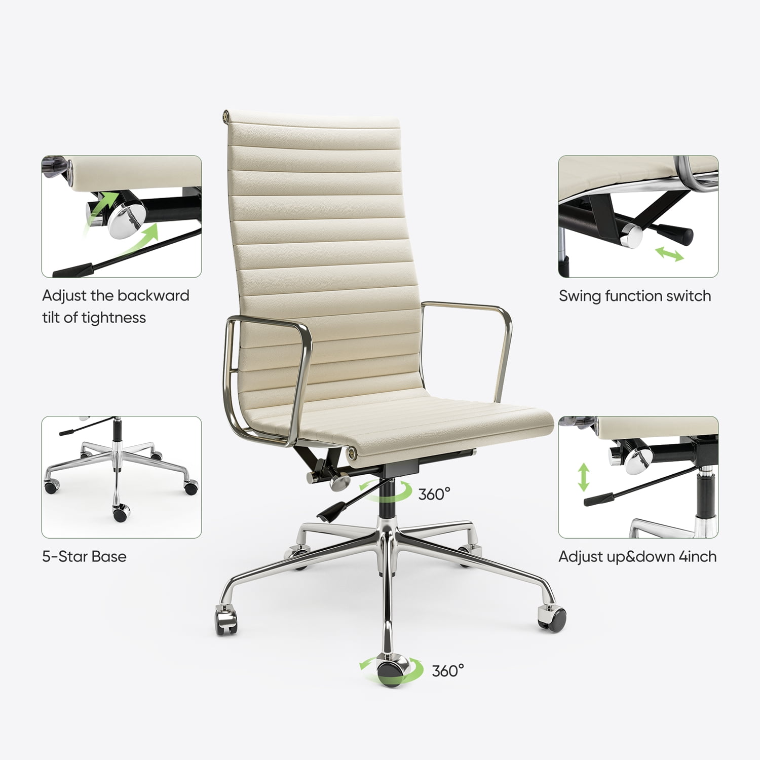 High Back Office Chair Ergonomic Office Chair Swivel Leather Task Chair with Lumbar Support,Adjustable Height,White