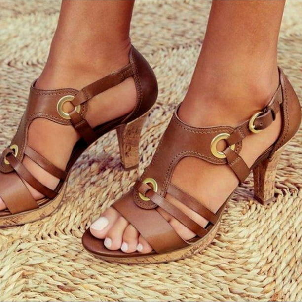 Sandalias romanas con hebilla de tacón alto y hebilla de metal con punta abierta retro para mujer Wmkox8yii hfjk3151