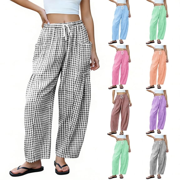 Admvng Women's Gingham Cropped Pants Drawstring Waist Pockets Casual Everyday Trousers