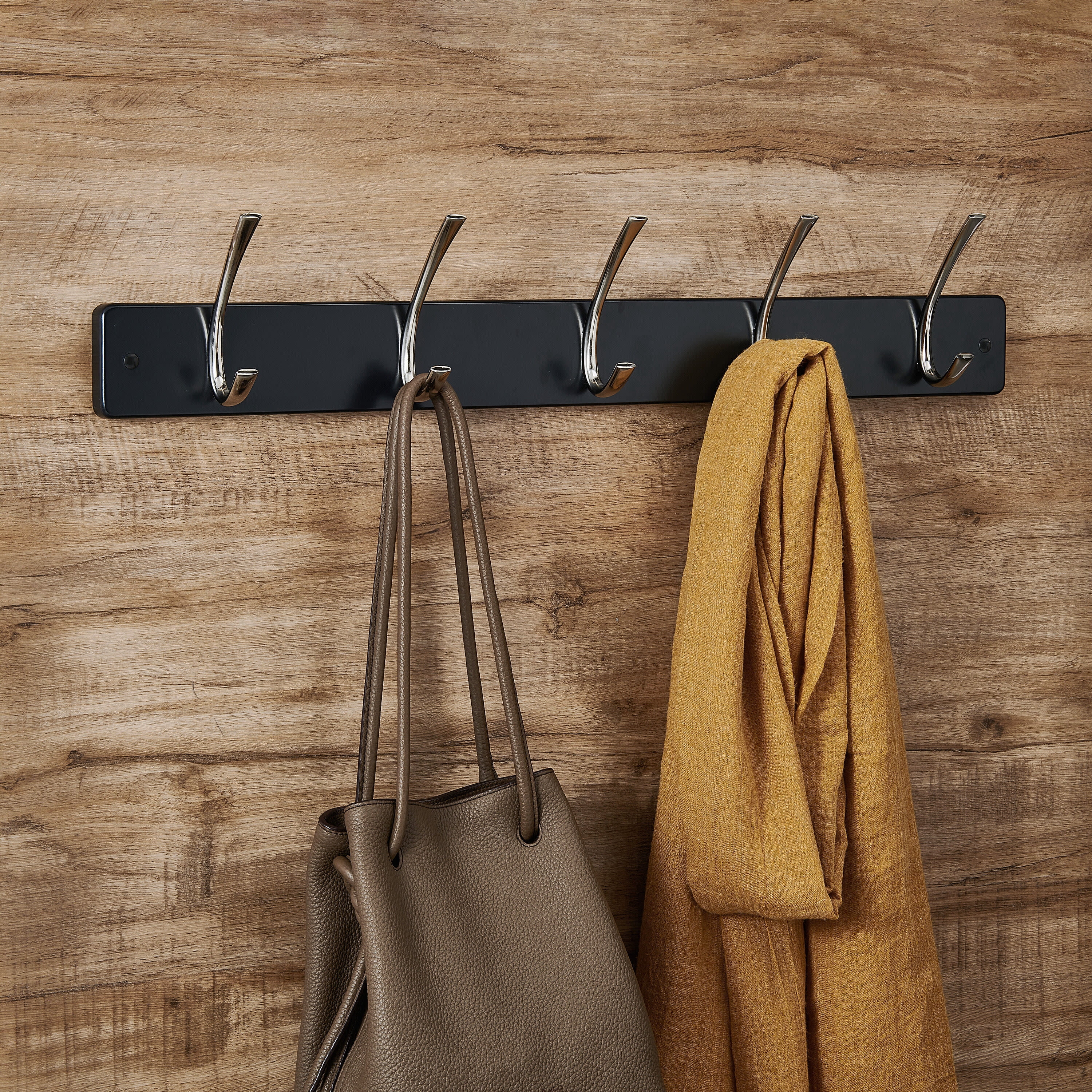 Melannco 27X5 Inch Wall Mount MDF Coat Rack With 5 Silver Metal  Hooks Black