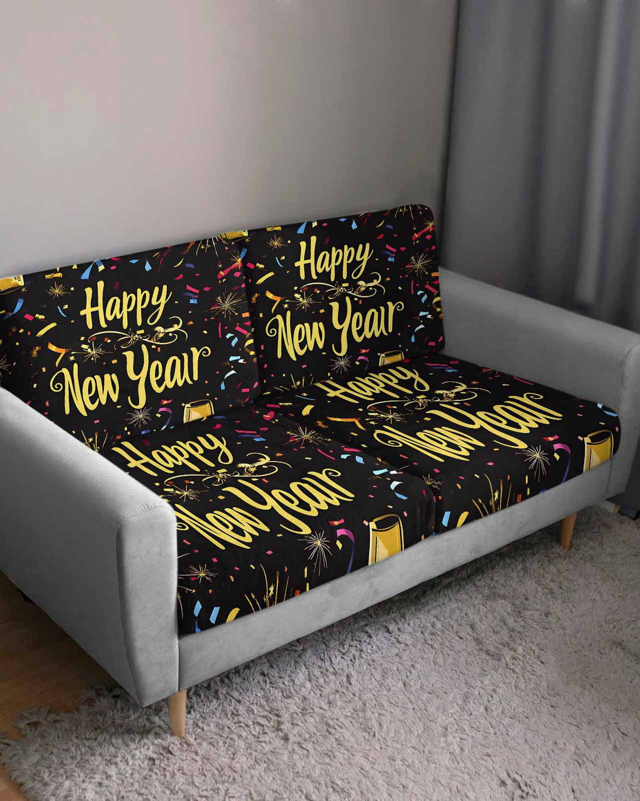 Happy New Year Couch Cushion Covers, Stretch Seat Cushion Covers for Sectional Sofa, Colorful Modern Abstract Art Individual Sofa&nbsp;Slipcovers Furniture Protector with Elastic&Straps Small 1Pcs