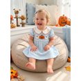 thumbnail image 6 of RUINIXCW Toddler Baby Girl Halloween Dress Outfit Kids Baby Girl Summer Fall Dress Clothes Pumpkin Ghost Letter Embroidery Doll Collar Short Sleeve Striped Dress, 6 of 9