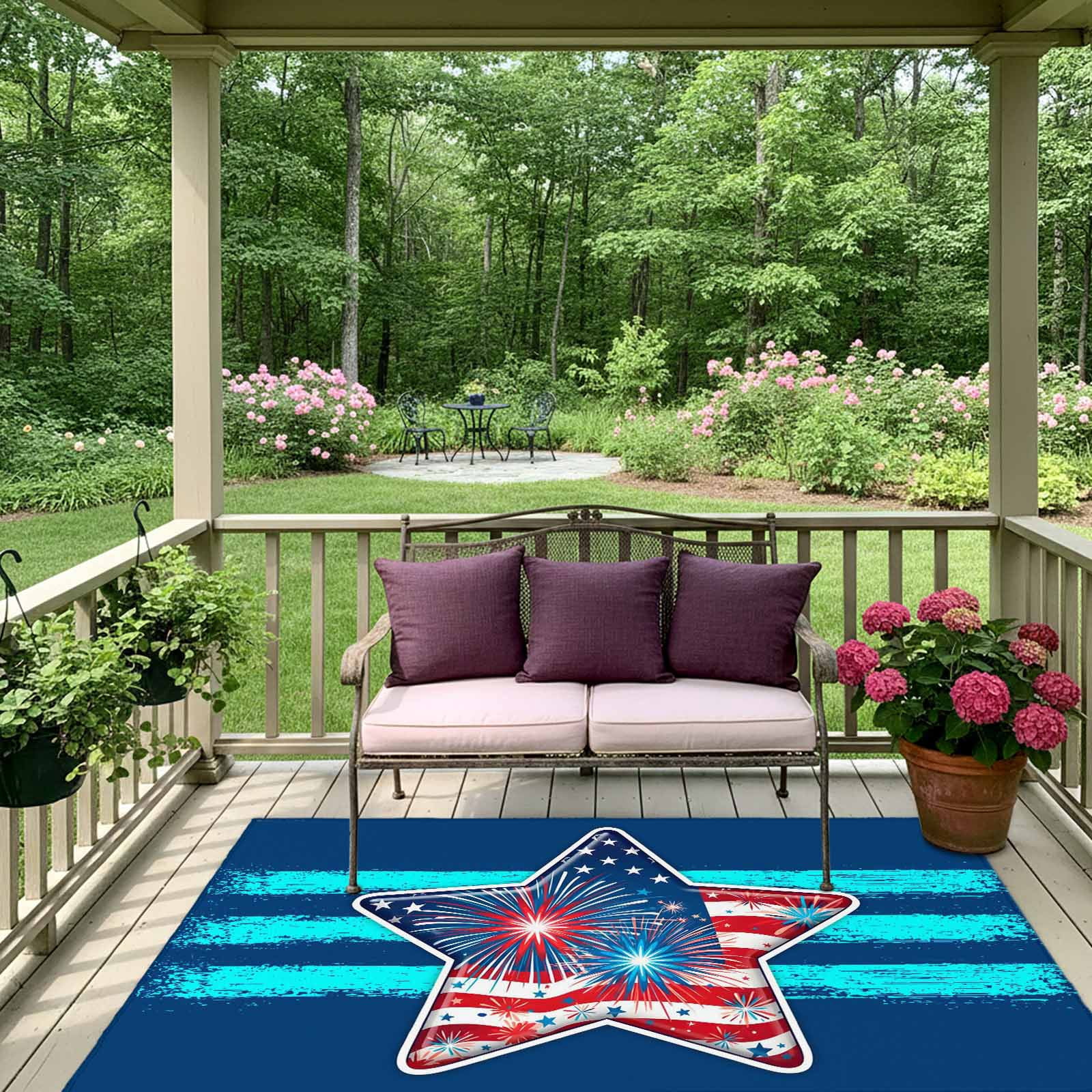 Patriotic USA Flag Outdoor Rug 5x8 Ft, Non Slip Washable Area Rug, Independence Day Firework Blue Striped Patio Rugs Carpet Runner, Large Floor Mat for Indoor/Outdoor Deck Porch Camping