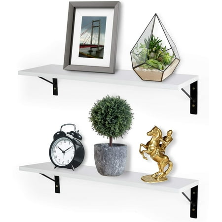 Faced Shelving Set Greenco Set of 2 Wall mount shelves on brackets made of high quality MDF wood faced with laminate in white finish. ()