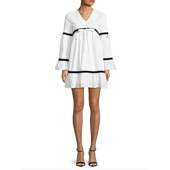 English Factory Women's White Velvet Trim Bell Sleeve Shift, Medium