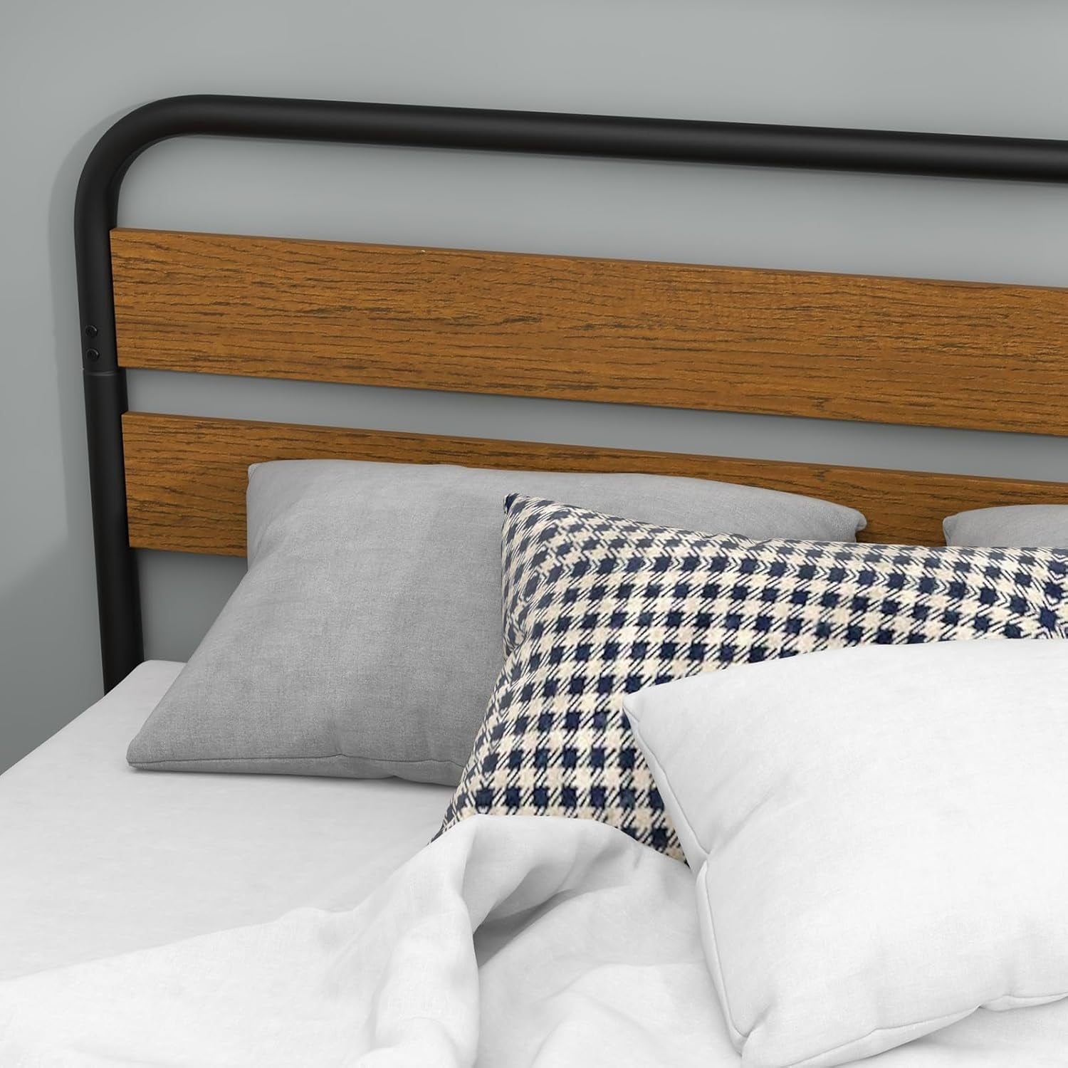 NEILA Sturdy King Size Bed Frame with Wooden Headboard and Metal Mattress Foundation, Spacious Under-Bed Storage, No Box Spring Required, Easy Assembly in Elegant Brown Finish