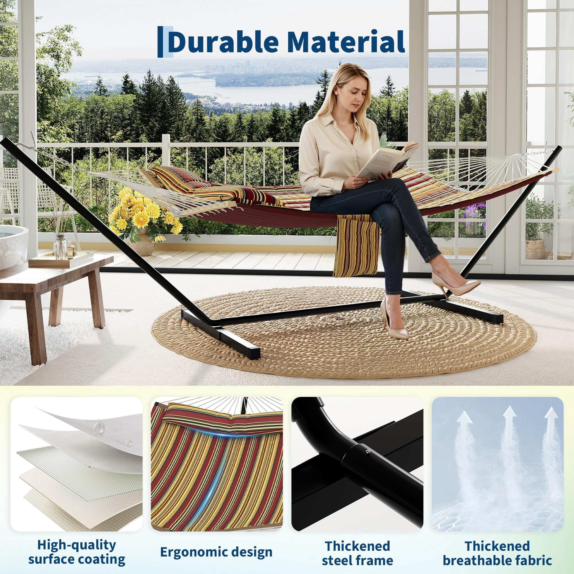 12FT Double Hammock with Heavy-Duty Steel Stand – 2 Person, 450LB Capacity, Weather-Resistant Quilted Polyester Fabric, Hardwood Spreader Bar, Portable Carrying Bag – Beige/Stripe/Dark Gray