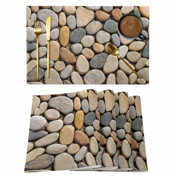 Cobblestones Placemats Set of 4, Gravel Rock Natural Stones Pattern Art Placemats for Dining Table, Place Mats for Kitchen Tabletop, Waterproof Wipeable Dining Table Mats Set
