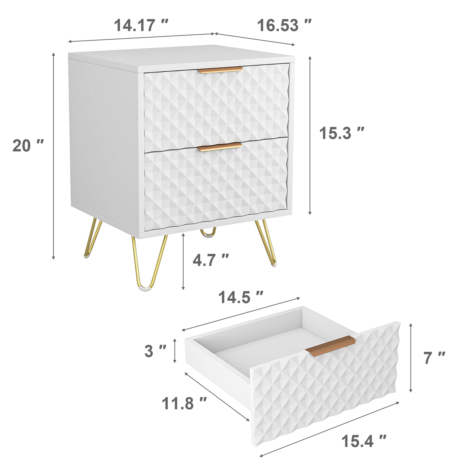 Finihen Carved Nightstand Single, Luxury Carving Board 2-Drawer Night Stand Bed Side Table with Metal Legs, for Bedroom Living Room, White Finihen Carved Nightstand Single, Luxury Carving Board 2-Drawer Night Stand Bed Side Table with Metal Legs, for Bedroom Living Room, White