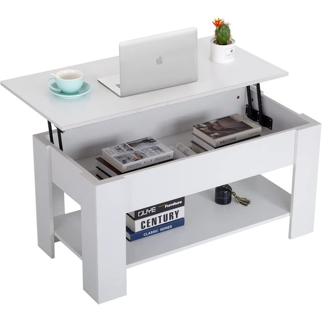 FDW Table Basse Blanche de 39,4 Pouces à Plateau Relevable, Compartiment Caché et Tablette de Rangement pour Salon, Bureau Ou Aire de Réception