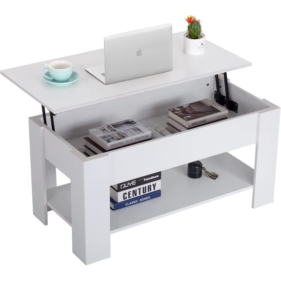 FDW 39.4" White Lift Top Coffee Table, Hidden Compartment & Storage Shelf for Living Room, Office, or Reception Area