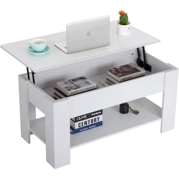 FDW 39.4" White Lift Top Coffee Table, Hidden Compartment & Storage Shelf for Living Room, Office, or Reception Area