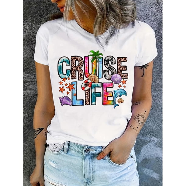 Camiseta de manga corta con cuello redondo y estampado de letras "Cruise Life", ideal para verano y primavera. Ideal para adultos, hombres, mujeres, adolescentes y jóvenes.