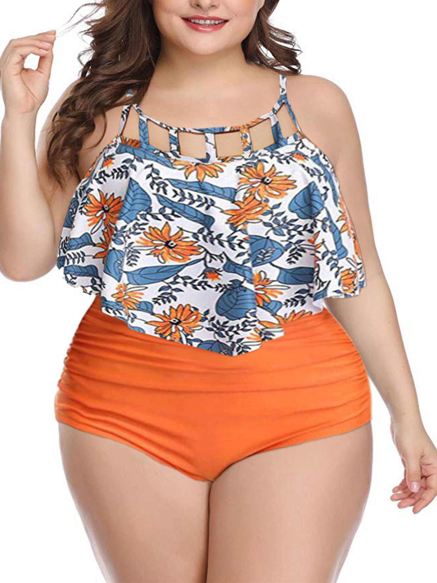 Slivery Color Womens Plus Size Two Piece Tankini Swimwear Swimdress Swimsuits Bathing Suits