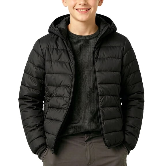 Kukoosong Boys Lightweight Hooded Jacket, Fall Winter Full Zip Long Sleeve Puffer, Kids Slim Fit Wind‑Resistant Outerwear Coat with Exterior Side Pockets