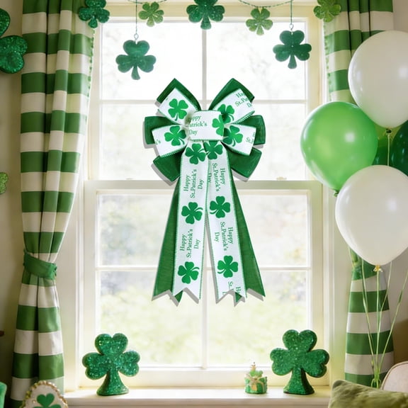QuanTara Large St. Patrick's Day Decorative Bow, 19.7"x11.81" Wreath & Tree Topper Ribbon with Shamrock Print for Front Door, Indoor Outdoor Wall, Party Supplies, Green & White Nylon