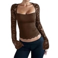 thumbnail image 6 of ClodeEU Women's Square Neck Long Sleeve Top with Lace Cutout Patchwork ,Casual Blouse for Summer Brown,Womens Plus S, 6 of 8
