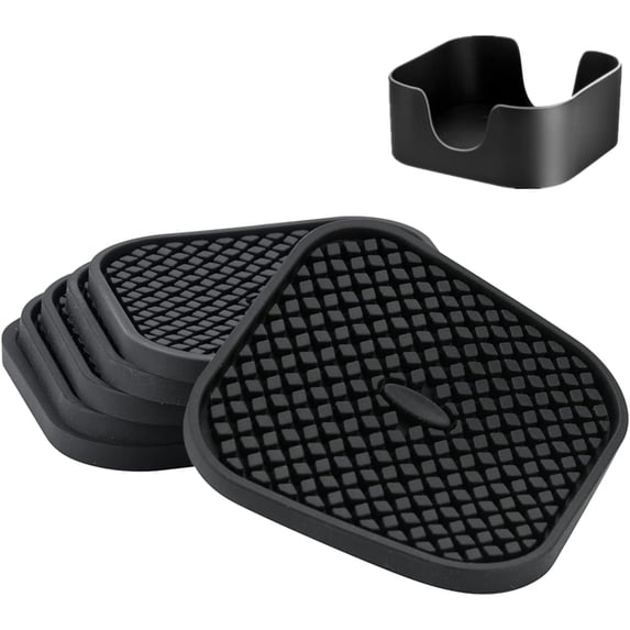 LINLIN Silicone Drink Coasters Set of 6 in Holder, Cup Coaster for Drinks Deep Grooved Absorbent Coaster Protect Furniture from Damage Large 4 inch Cup Mat