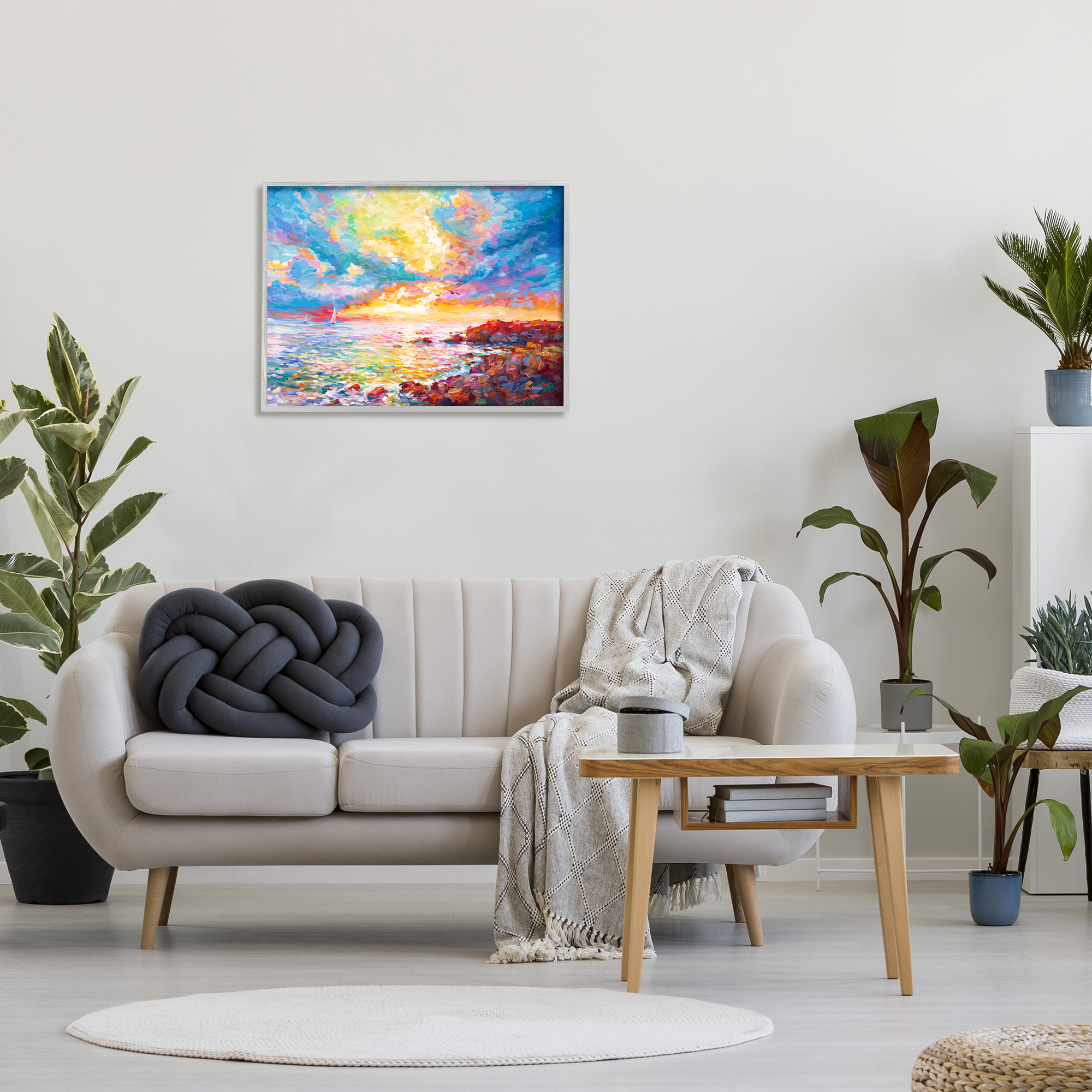 Stupell Industries Mediterranean Sunset Ocean Coast Landscape Painting Gray Framed Art Print Wall Art, 30 x 24