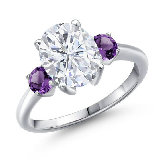 Gem Stone King 925 Sterling Silver Purple Amethyst Ring Set with Oval Moissanite (3.50 Cttw)