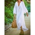 thumbnail image 5 of Women Summer Long Sleeve Neck Maxi Linen Shirt Dress Loose Button Down Tunic Shift Dress White XXXL, 5 of 6