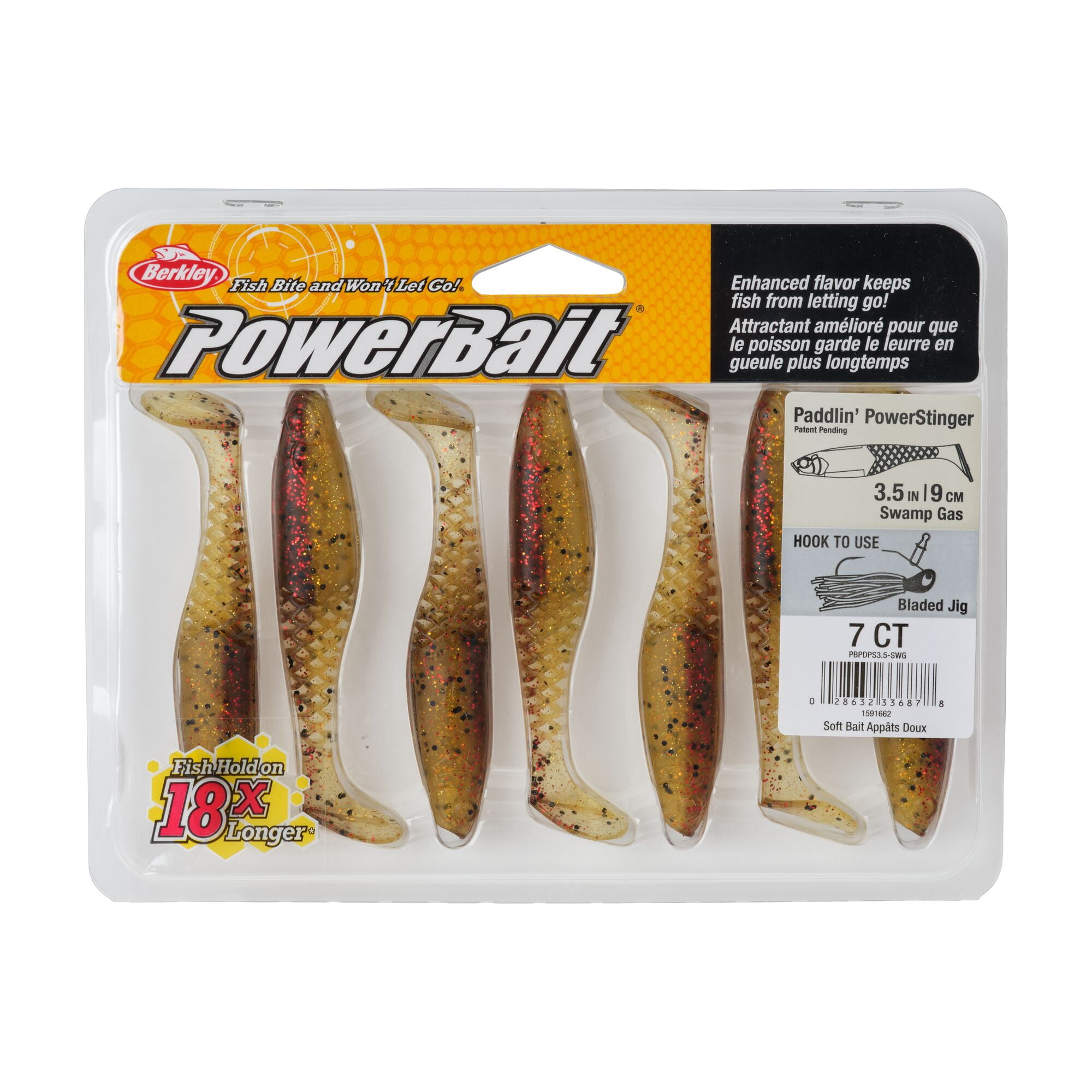 Berkley PowerBait® Paddlin' PowerStinger, 3.5 in, Swimbaits - Paddle Tail, Swamp Gas (7 Count)
