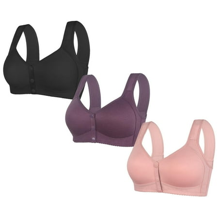 Ashirexll 3PC Bras for Women Pack Front Closure Plus Size Wireless Breathable Comfortable Soft Gathering Posture Support Bra Middle-Aged and Elderly Bra Hot Pink 5XL