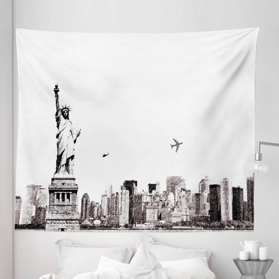 Urban Tapestry, Cityscape of New York City Famous of Liberty and Skyscrapers Drawing Print, Fabric Wall Hanging Decor for Bedroom Living Room Dorm, 5 Sizes, White and Grey, by Ambesonne