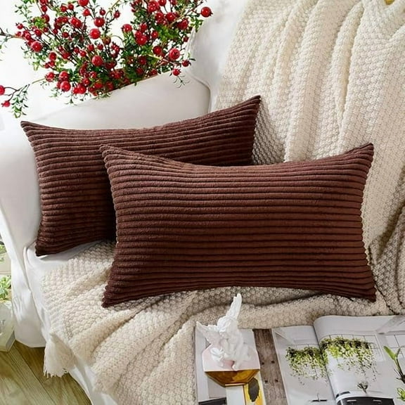 Pillow Cover Pack of 2, Corduroy Soft Decorative Rectangle Throw Pillow Cover Cushion Covers Pillowcase, Home Decor Decorations for Sofa Couch Bed Chair 12x20 Inch/30x50 cm (Striped Dark Brown)