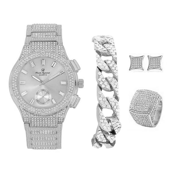 Bling-ed Out It's Lit! Hip Hop Watch & Jewerly Set w/Cuban Chain Bracelet, Kite Bling Earrings & Ring - GJM13 (8, ST10311 Shiny SILVER)