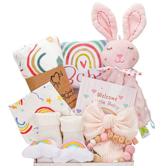 Baby Girl Gifts,New Mom Gifts, for Girls,Unique Baby Gifts Basket Essential Stuff,Gender Reveal Gifts,Onesie,Blanket,Rattle, Socks,Gift Card