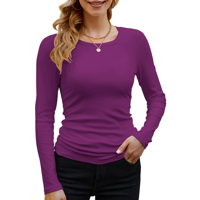 Womens Ribbed Long Sleeve Crewneck Casual Slim Basic Shirts Fitted Knit Tops Red S