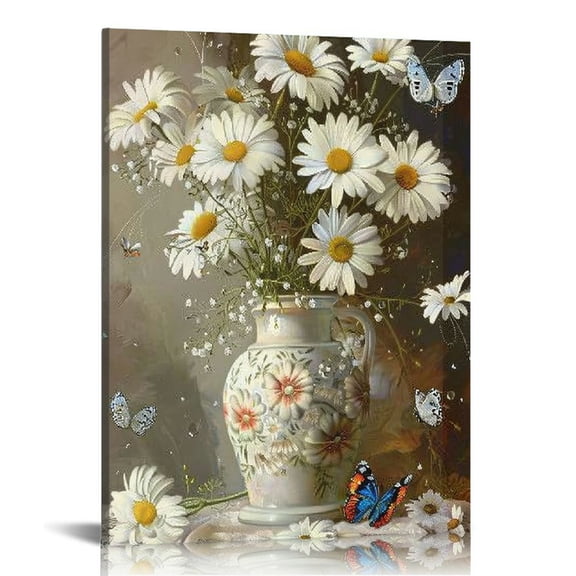 PRATYUS Daisy Bathroom Wall Decor  Floral  Wall Art Farmhouse White Flower Butterfly Bathroom Decor Canvas Print Painting Framed Modern Gallery Home Artwork for Bedroom Kitchen