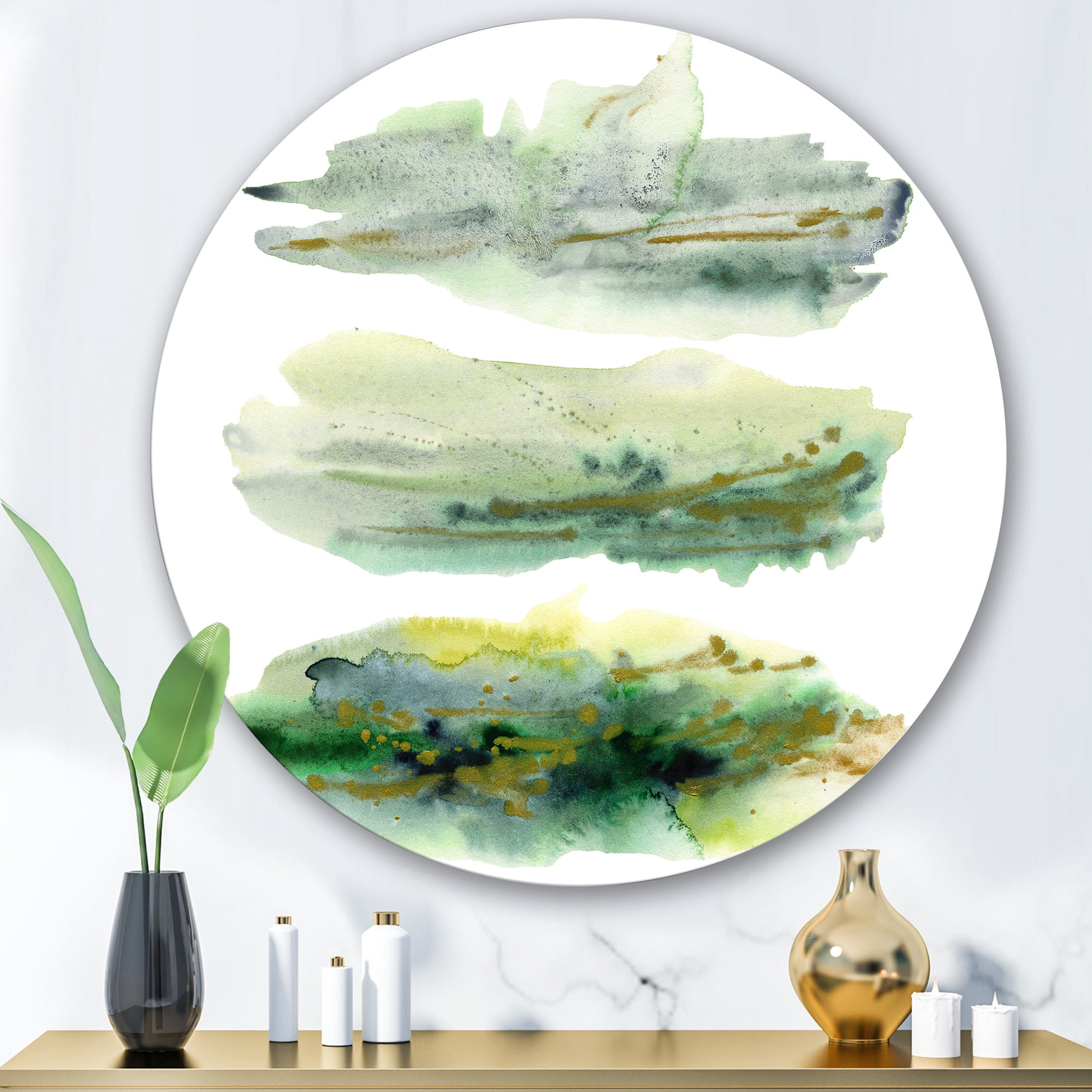 Designart 'Golden Green Abstract Clouds II' Modern Circle Metal Wall Art 36x36 - Disc of 36