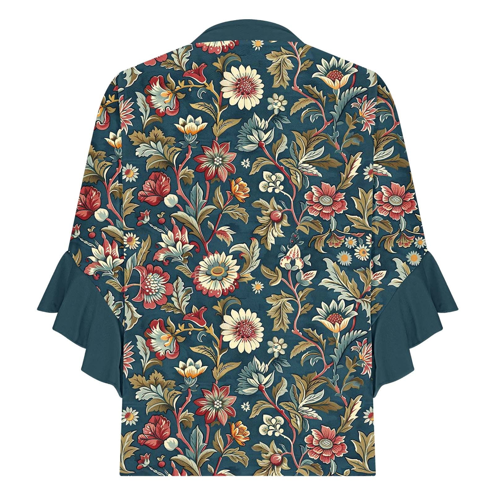 Women Boho Floral Print Blouses with 3/4 Flowy Ruffle Sleeves V Neck Half Button Down Shirt for Summer Beach Vacations