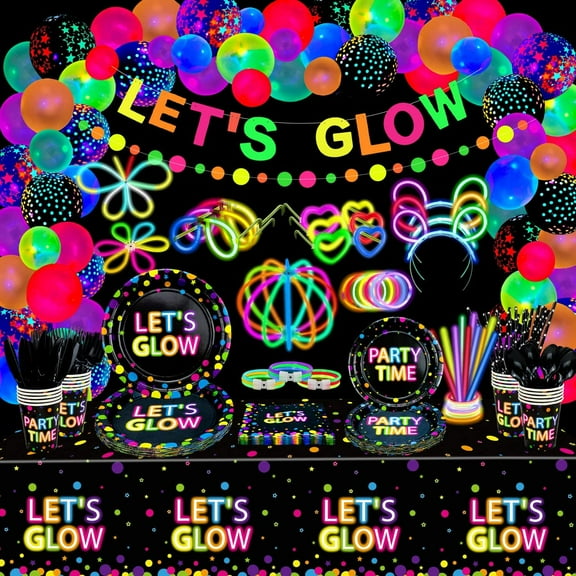 458 Pcs Glow Party Supplies - Include Balloons, Banner, Glow Sticks, Tableware and Tablecloths for Neon Party Decorations, Serves 20